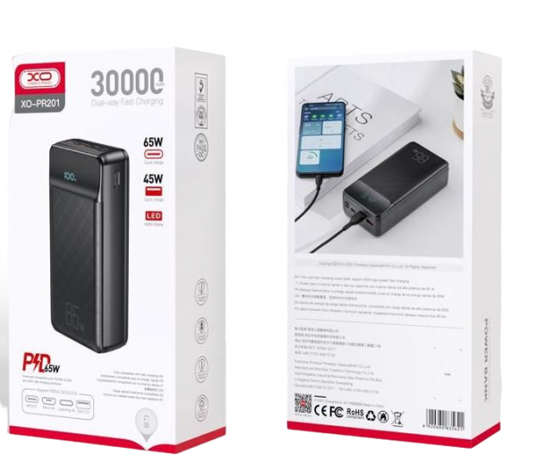 АКБ PowerBank XO PR201 (30000 mAh) QC22.5W/PD65W/Digital Display черный