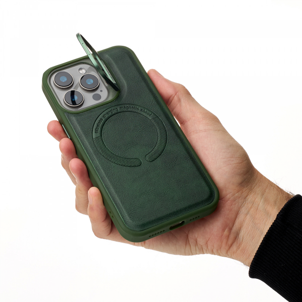 Чехол MagSafe LEATHER CAMERA CASE для iPhone 15 Pro темно-зеленый