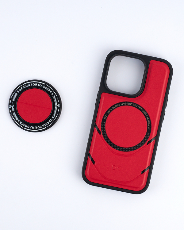 Чехол экокожа DC + PopSocket с поддержкой MagSafe для iPhone 13 Pro Max красный