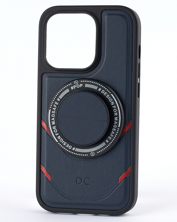 Чехол экокожа DC + PopSocket с поддержкой MagSafe для iPhone 13 Pro Max темно-синий