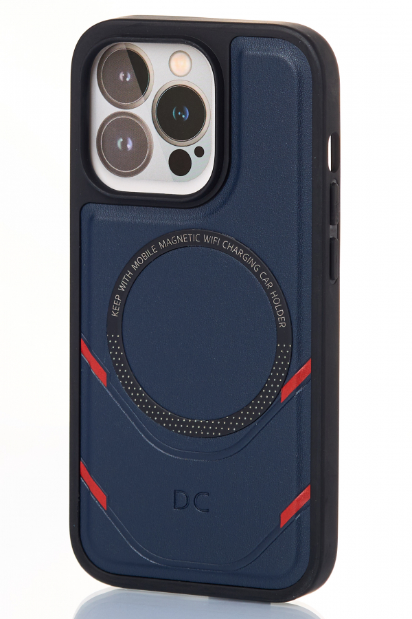 Чехол экокожа DC + PopSocket с поддержкой MagSafe для iPhone 13 Pro Max темно-синий
