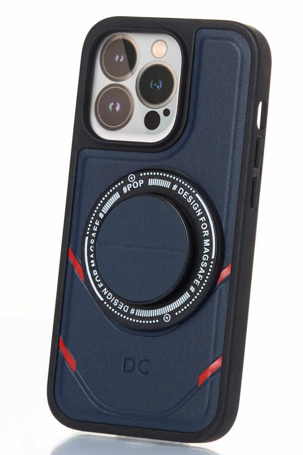 Чехол экокожа DC + PopSocket с поддержкой MagSafe для iPhone 13 Pro Max темно-синий