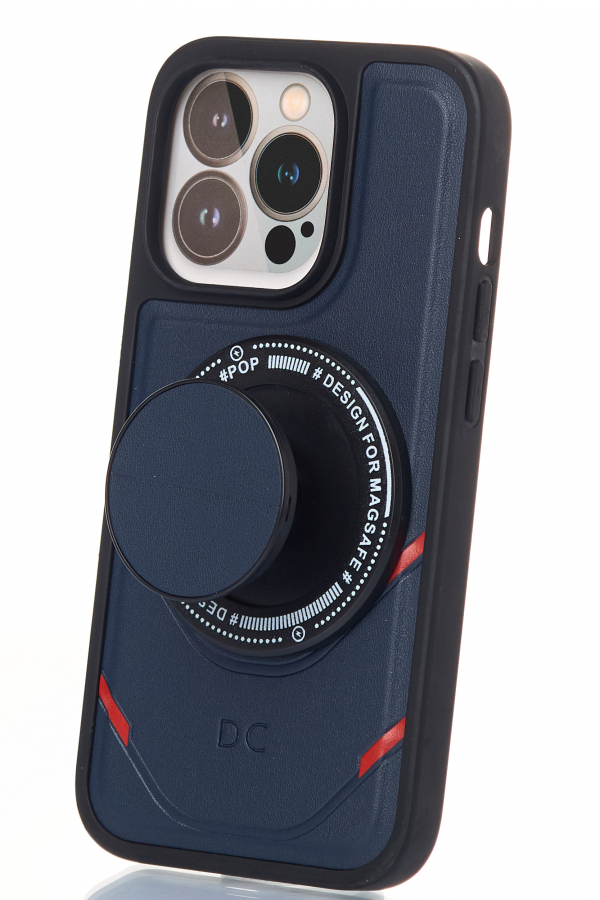 Чехол экокожа DC + PopSocket с поддержкой MagSafe для iPhone 13 Pro Max темно-синий