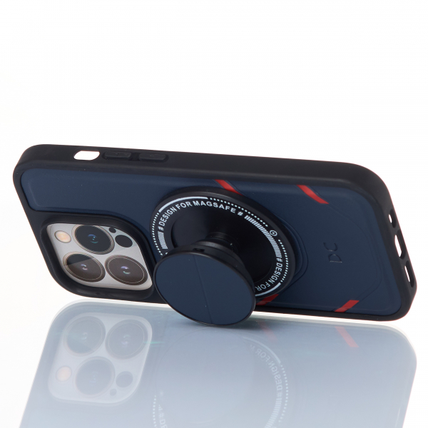Чехол экокожа DC + PopSocket с поддержкой MagSafe для iPhone 13 Pro Max темно-синий