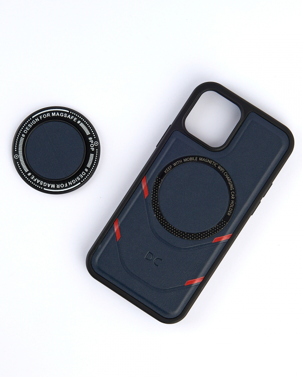 Чехол экокожа DC + PopSocket с поддержкой MagSafe для iPhone 14 темно-синий
