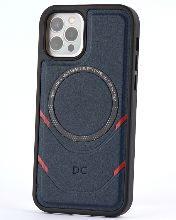Чехол экокожа DC + PopSocket с поддержкой MagSafe для iPhone 12 / iPhone 12 Pro темно-синий