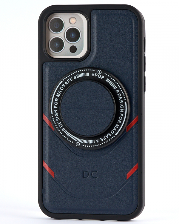 Чехол экокожа DC + PopSocket с поддержкой MagSafe для iPhone 12 Pro Max темно-синий