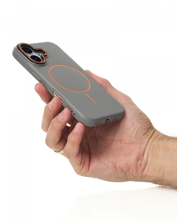 Силиконовый чехол Slim Ring Leather Textured с поддержкой MagSafe для iPhone 16 stone gray