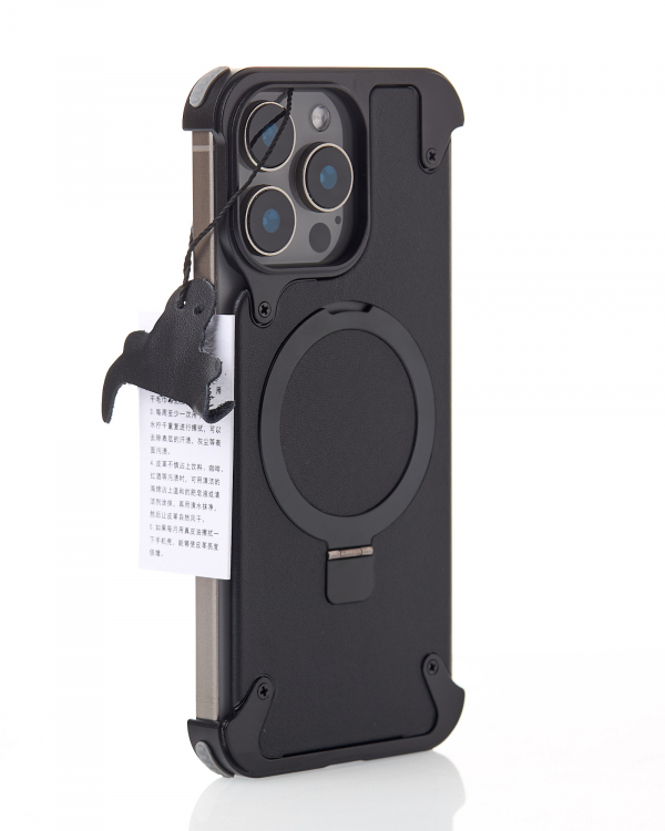 Металлический чехол MagSafe LEATHER METAL FRAME для iPhone 15 Pro Max черный