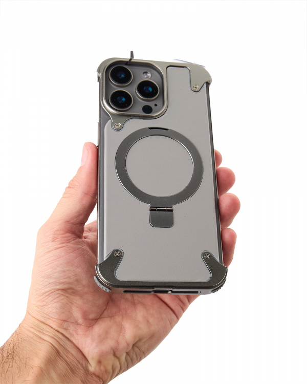 Металлический чехол MagSafe LEATHER METAL FRAME для iPhone 15 Pro Max серый