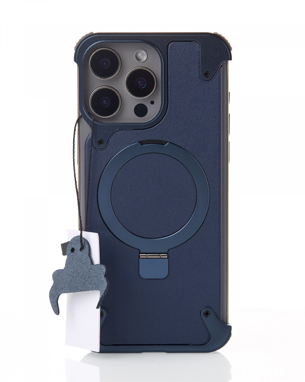 Металлический чехол MagSafe LEATHER METAL FRAME для iPhone 15 Pro Max темно-синий