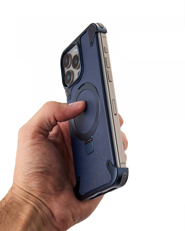 Металлический чехол MagSafe LEATHER METAL FRAME для iPhone 15 Pro Max темно-синий