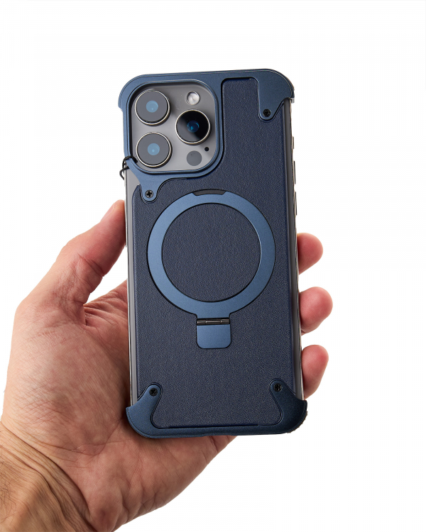 Металлический чехол MagSafe LEATHER METAL FRAME для iPhone 15 Pro Max темно-синий