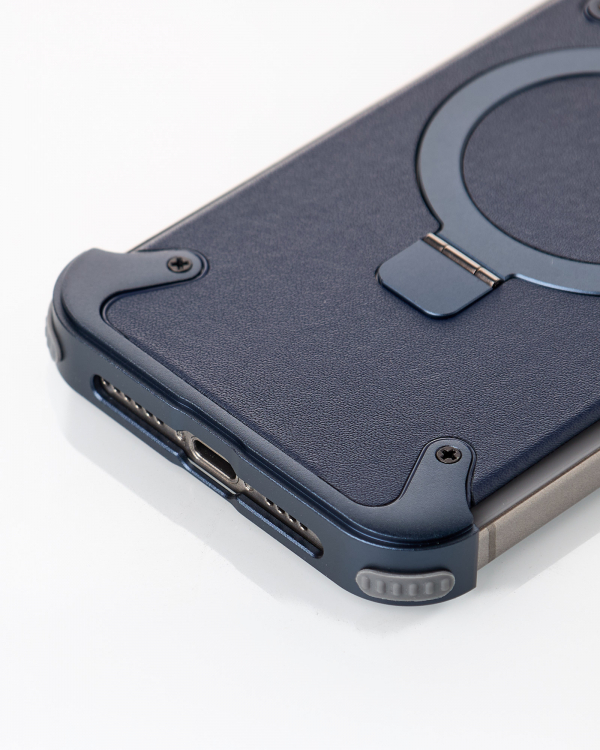 Металлический чехол MagSafe LEATHER METAL FRAME для iPhone 15 Pro Max темно-синий