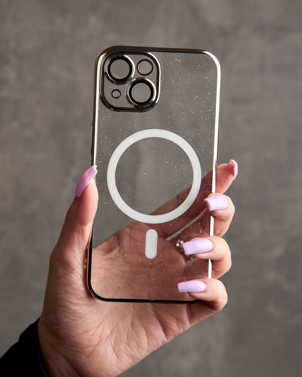 Пластиковый чехол MagSafe "Glitter" для iPhone 15 серебряный