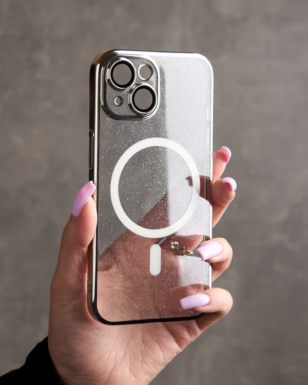 Пластиковый чехол MagSafe "Glitter" для iPhone 15 серебряный