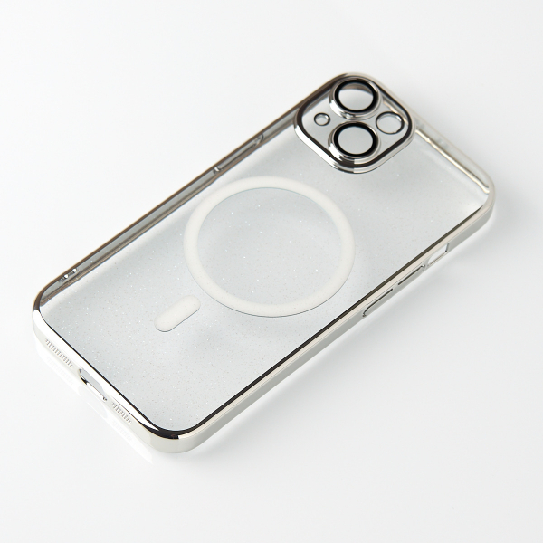 Пластиковый чехол MagSafe "Glitter" для iPhone 15 серебряный