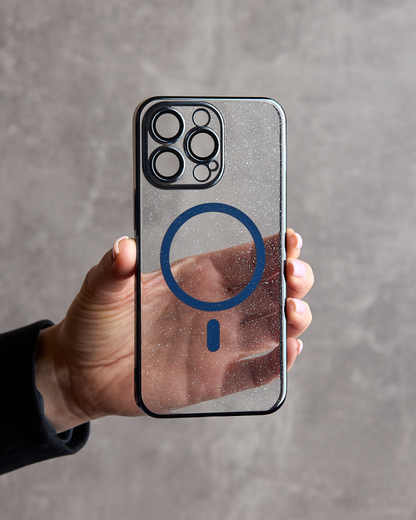 Пластиковый чехол MagSafe "Glitter" для iPhone 15 Pro Max темно-синий