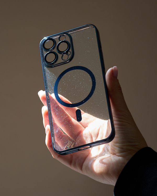 Пластиковый чехол MagSafe "Glitter" для iPhone 15 Pro Max темно-синий