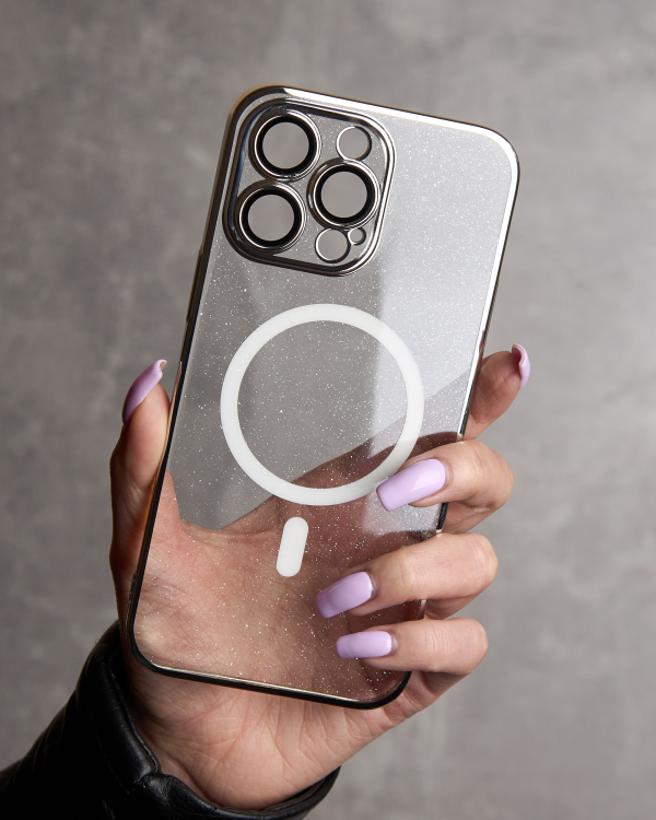 Пластиковый чехол MagSafe "Glitter" для iPhone 15 Pro серебряный