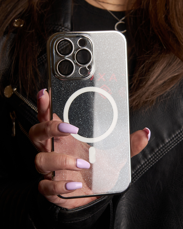 Пластиковый чехол MagSafe "Glitter" для iPhone 15 Pro серебряный