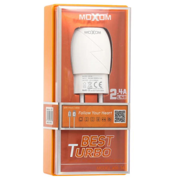 Сетевое зарядное устройство MOXOM 2в1 micro 1USB/2.4A (KH-34) белый