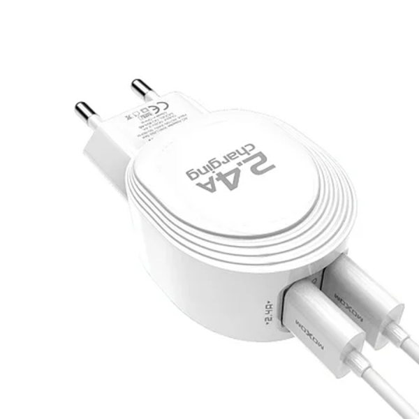 Сетевое зарядное устройство MOXOM 2в1 Type-C 2USB/5V 2.4A AUTO ID (KH-46) белый