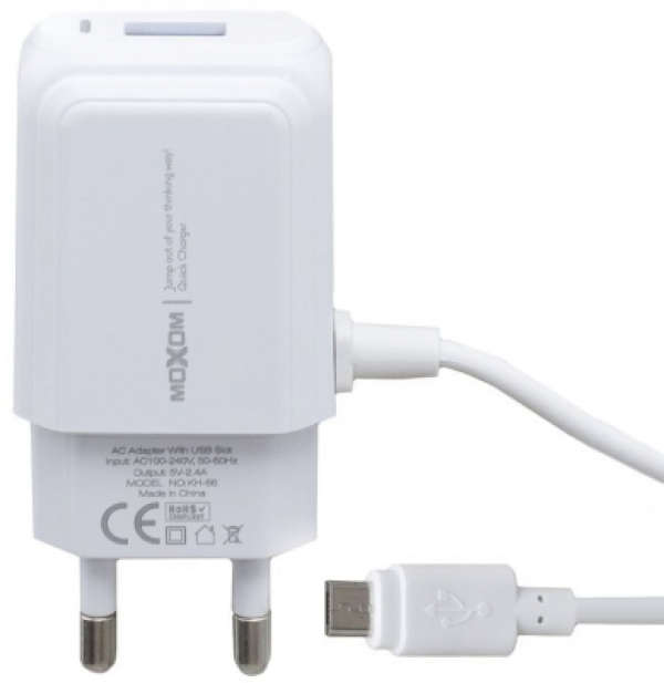 Сетевое зарядное устройство MOXOM 2в1 Type-C cable+1USB/2.4A (KH-66) белый